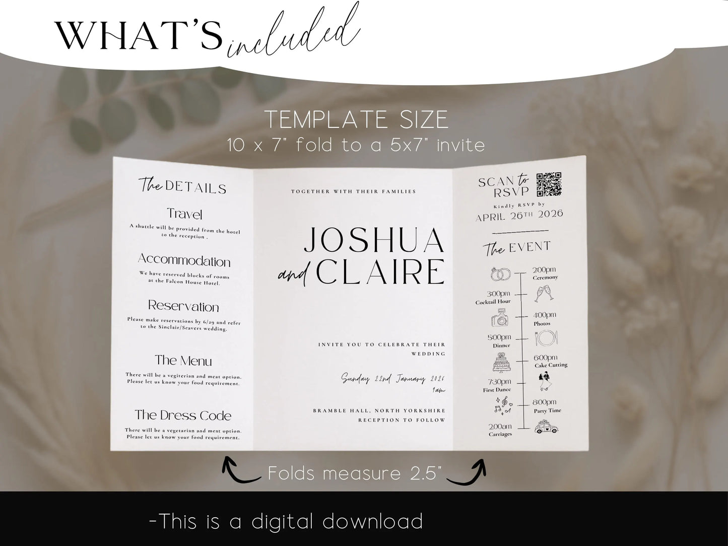 All-in-One Gatefold Wedding Invitation Template – Editable Folded Invite with RSVP (Canva)
