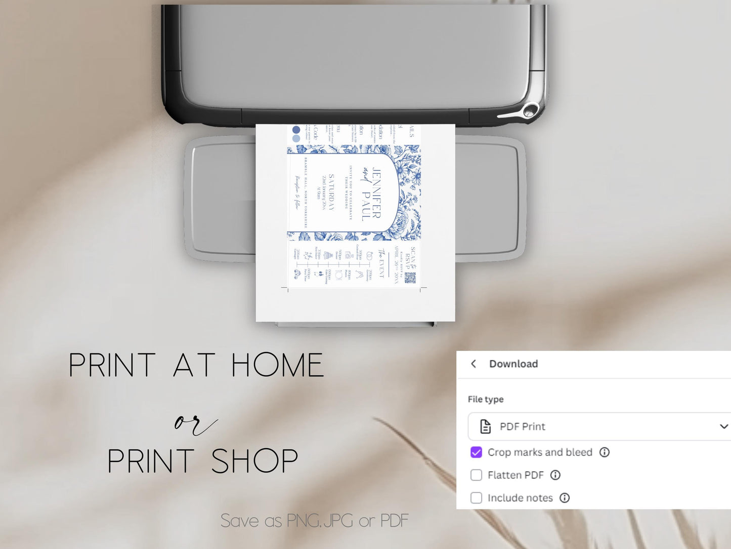 All-In-One Wedding Invitation Template Folded Printable Wedding Invite Editable Canva Invitation Minimal Blue Floral Toile Design