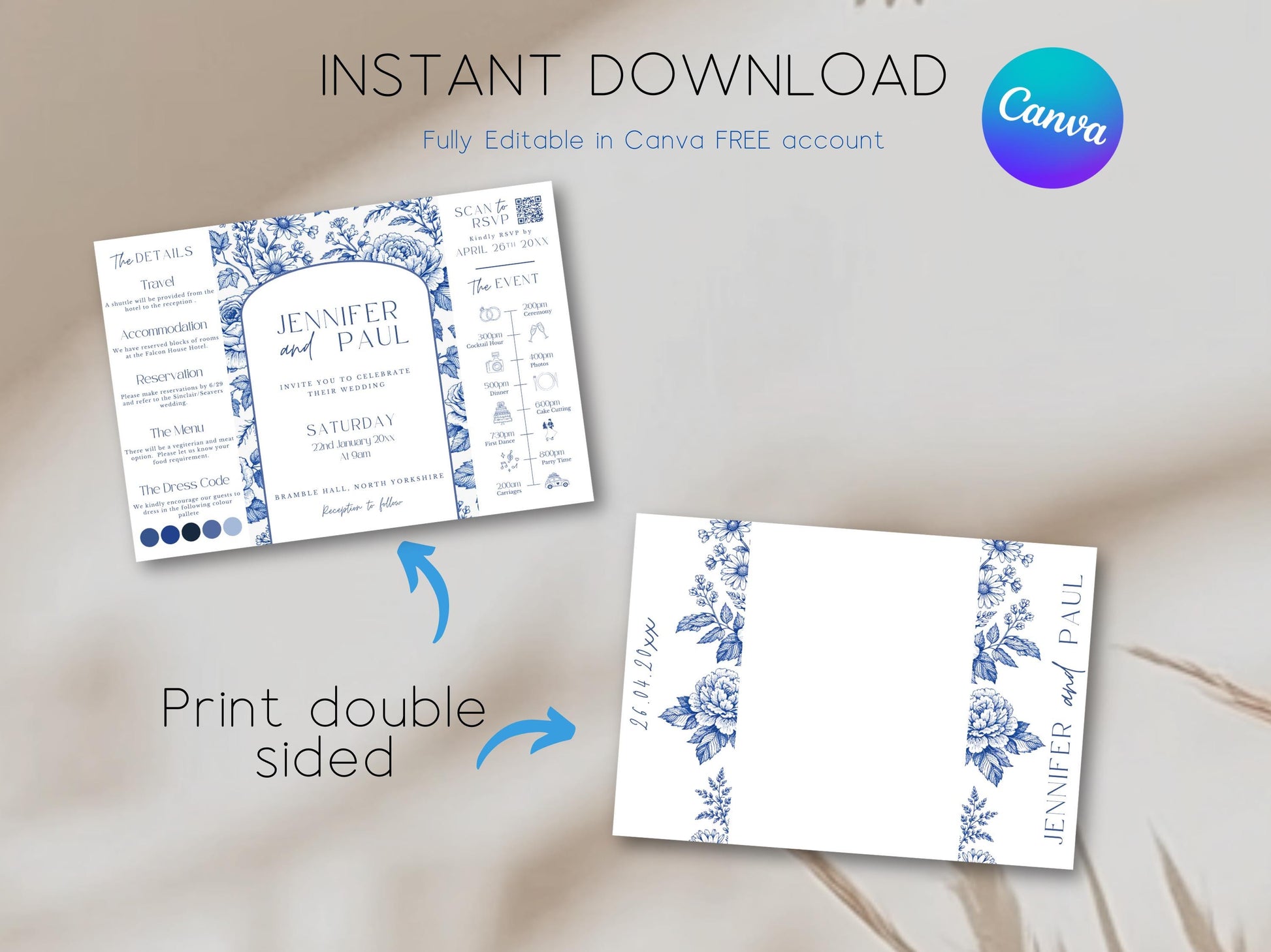 All-In-One Wedding Invitation Template Folded Printable Wedding Invite Editable Canva Invitation Minimal Blue Floral Toile Design