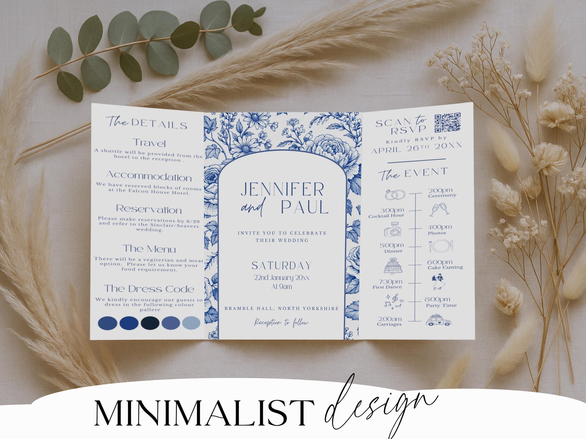 All-In-One Wedding Invitation Template Folded Printable Wedding Invite Editable Canva Invitation Minimal Blue Floral Toile Design