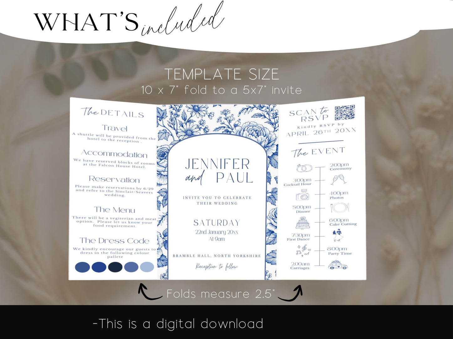 All-In-One Wedding Invitation Template Folded Printable Wedding Invite Editable Canva Invitation Minimal Blue Floral Toile Design