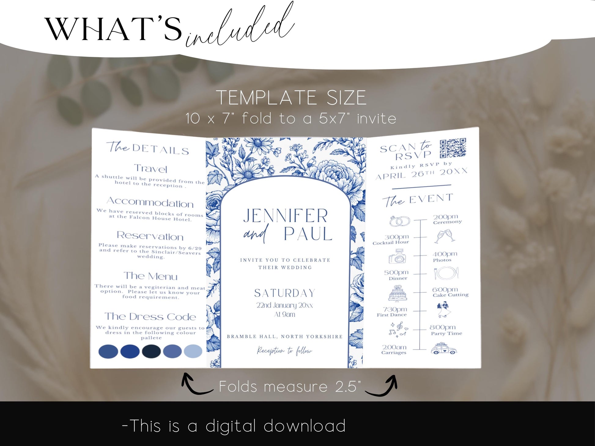 All-In-One Wedding Invitation Template Folded Printable Wedding Invite Editable Canva Invitation Minimal Blue Floral Toile Design