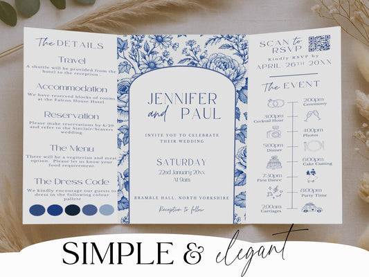 All-In-One Wedding Invitation Template Folded Printable Wedding Invite Editable Canva Invitation Minimal Blue Floral Toile Design