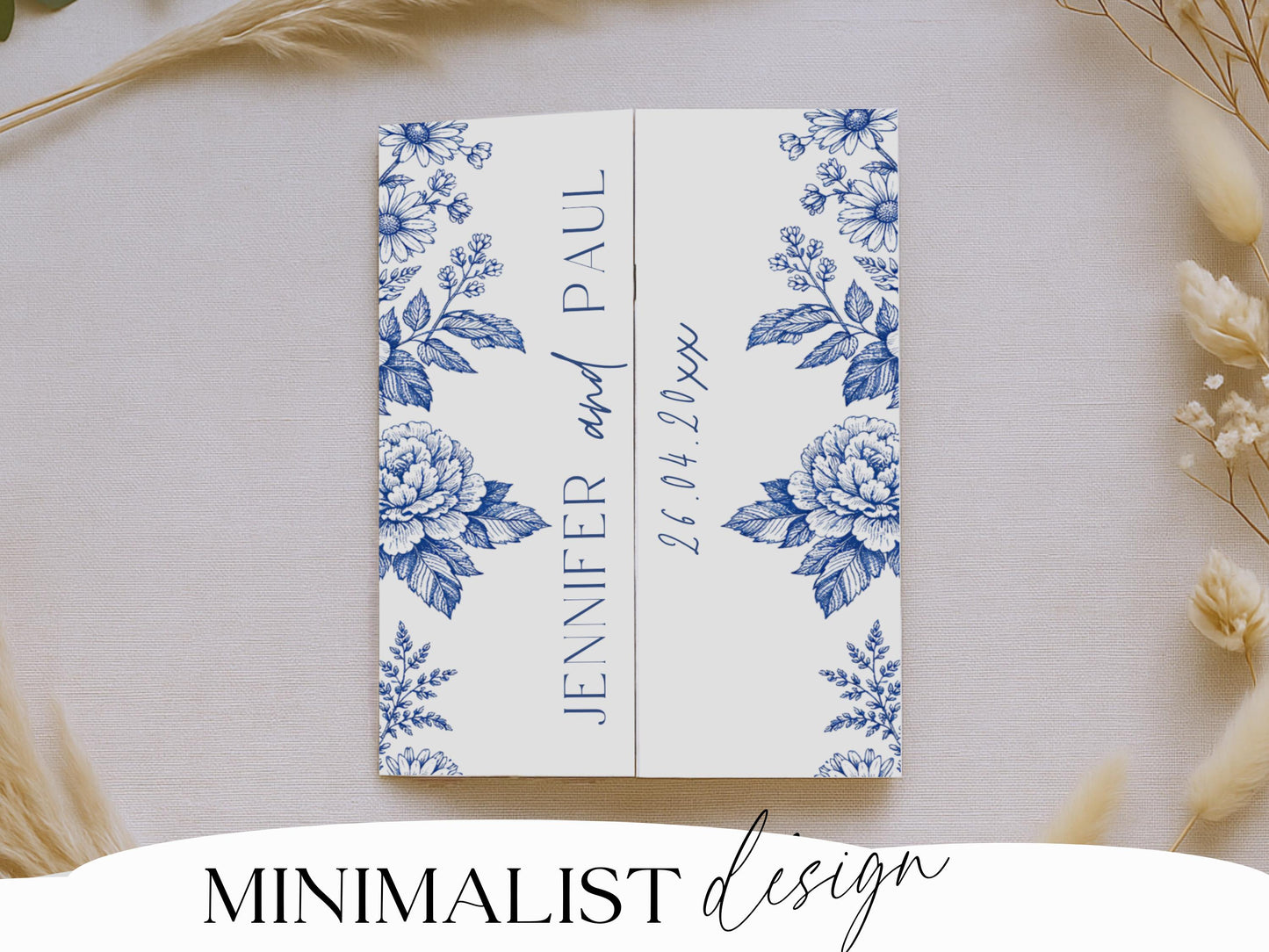 All-In-One Wedding Invitation Template Folded Printable Wedding Invite Editable Canva Invitation Minimal Blue Floral Toile Design