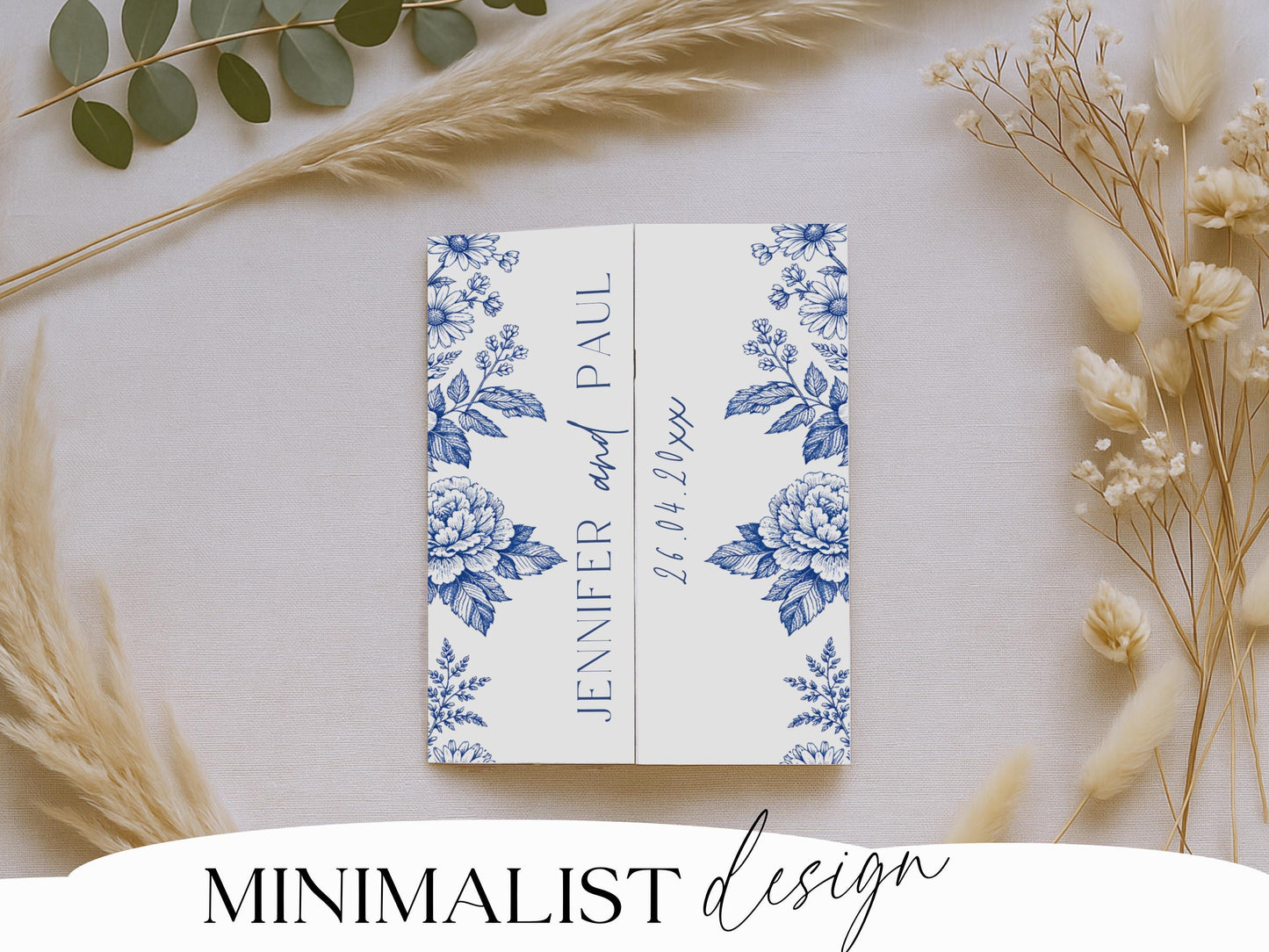 All-In-One Wedding Invitation Template Folded Printable Wedding Invite Editable Canva Invitation Minimal Blue Floral Toile Design