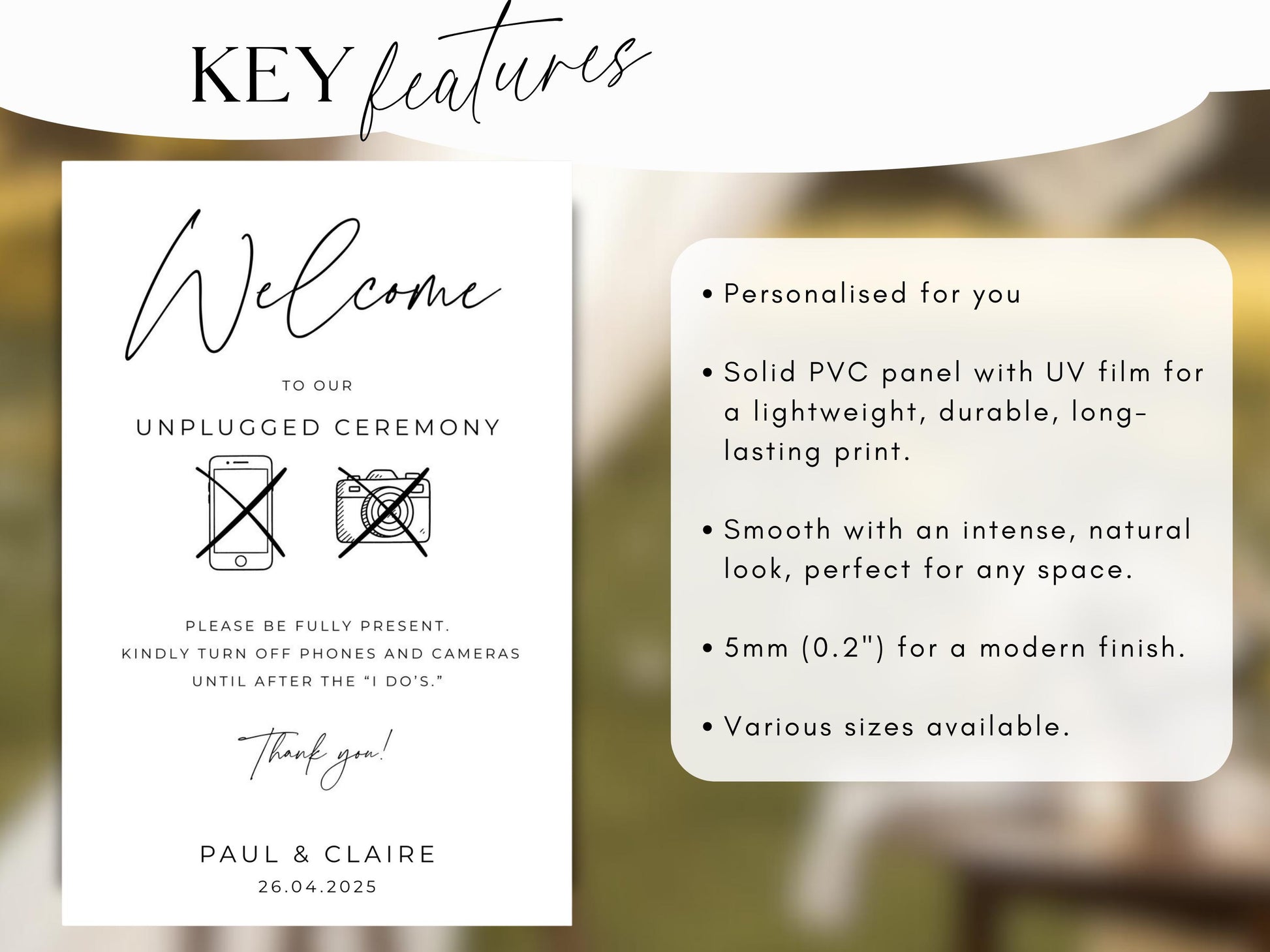 Unplugged ceremony welcome sign with crossed-out phone and camera icons