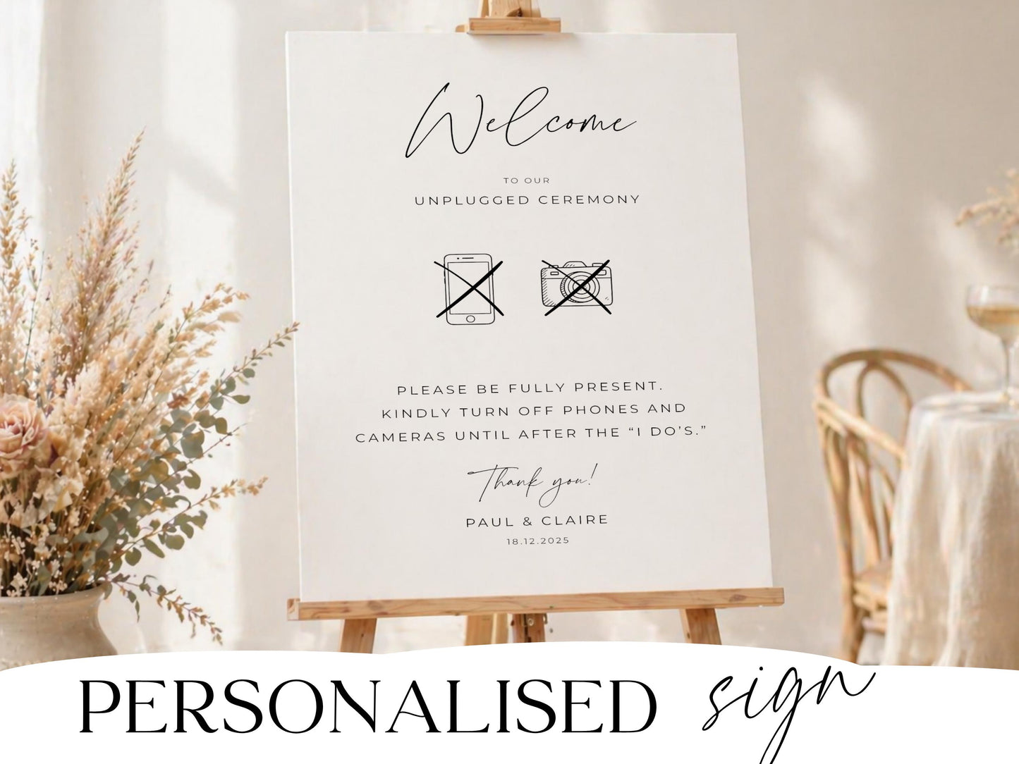 Unplugged ceremony welcome sign on a wooden easel with names and date