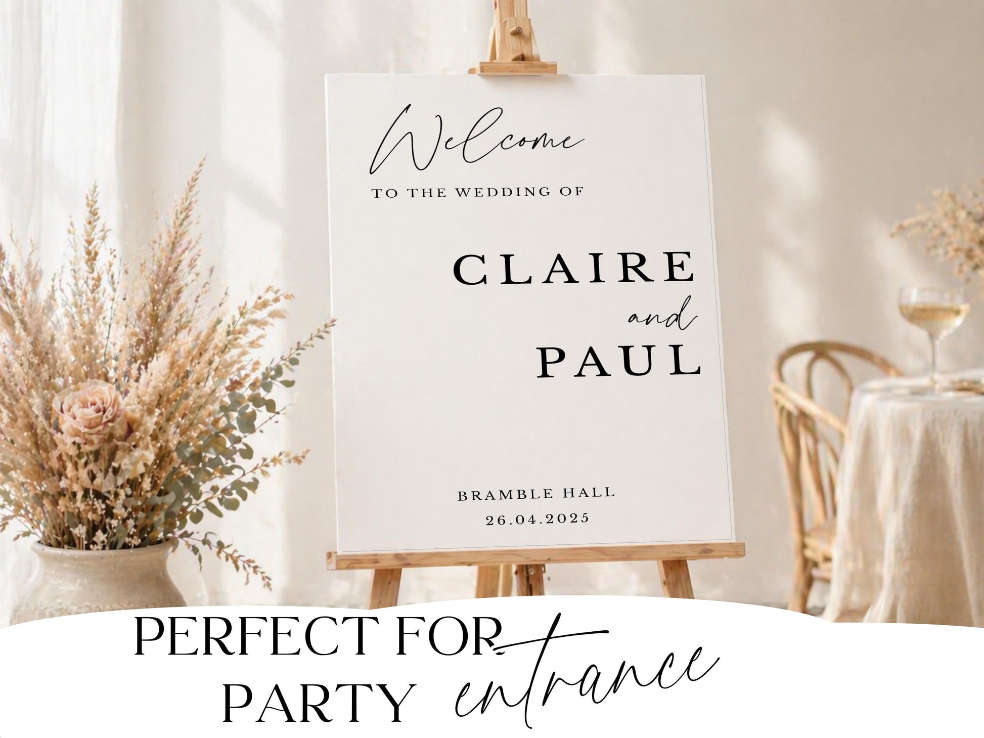 Modern script wedding welcome sign displaying venue name and date at reception entrance