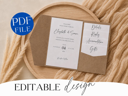 Pocketfold Wedding Invitation Template – A4 Trifold Printable PDF (Manual Cutting)