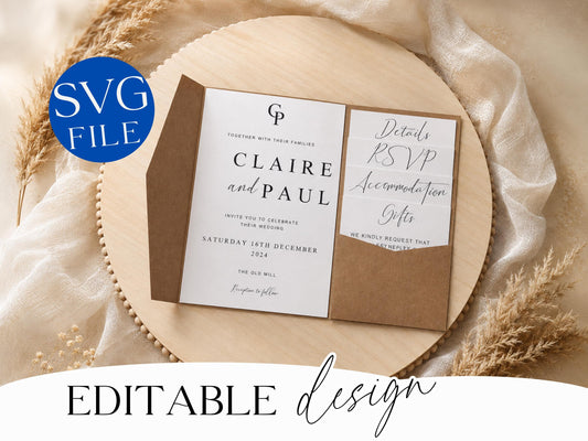 Trifold pocket wedding invitation template SVG cut file preview