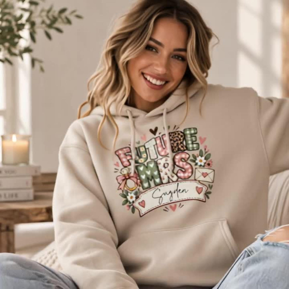Future Mrs Hoodie floral patchwork design detail