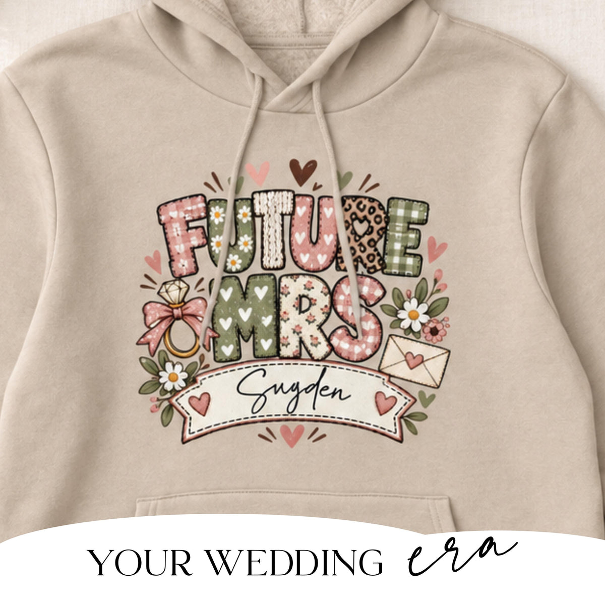 Future Mrs Hoodie close up of surname personalisation