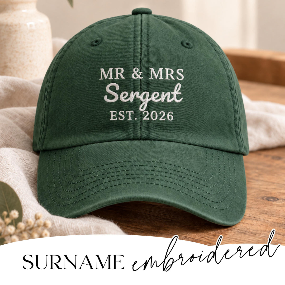 Close-up of embroidered Mr and Mrs wording on vintage dad cap