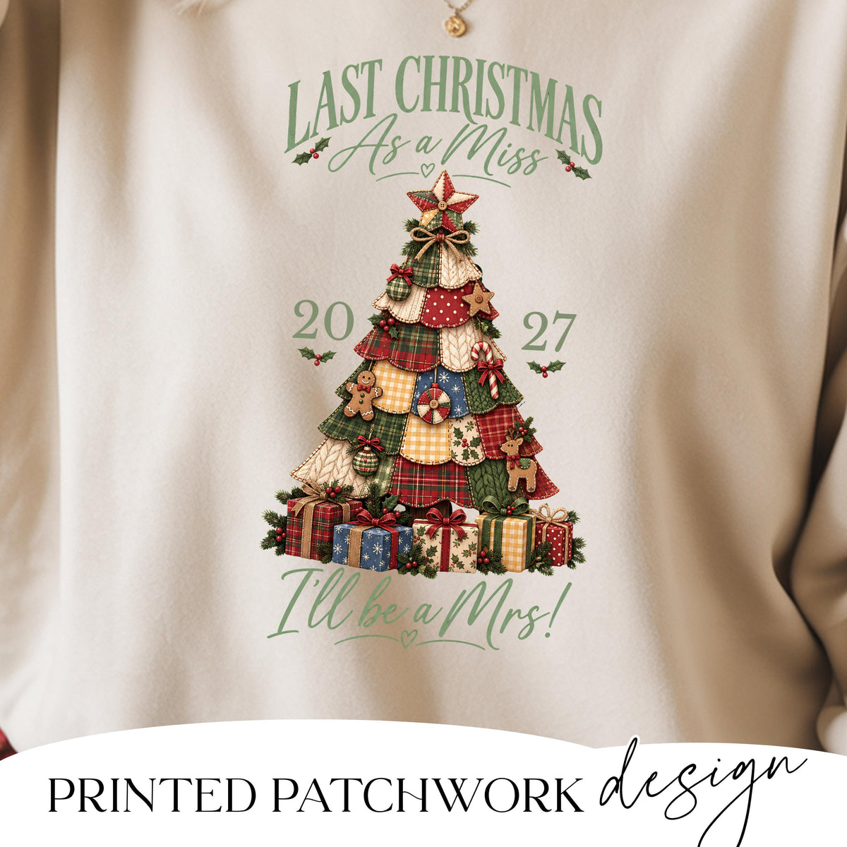 Close-up of gingerbread print design on personalised bride sweatshirt