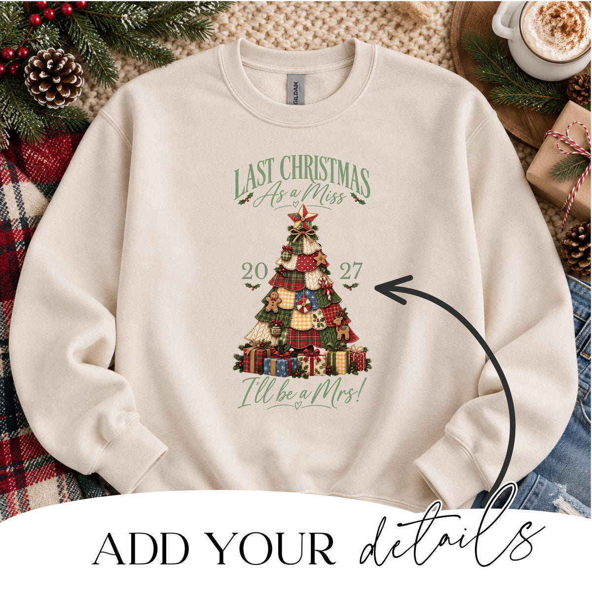 Bride to be wearing personalised Last Christmas As A Miss sweatshirt