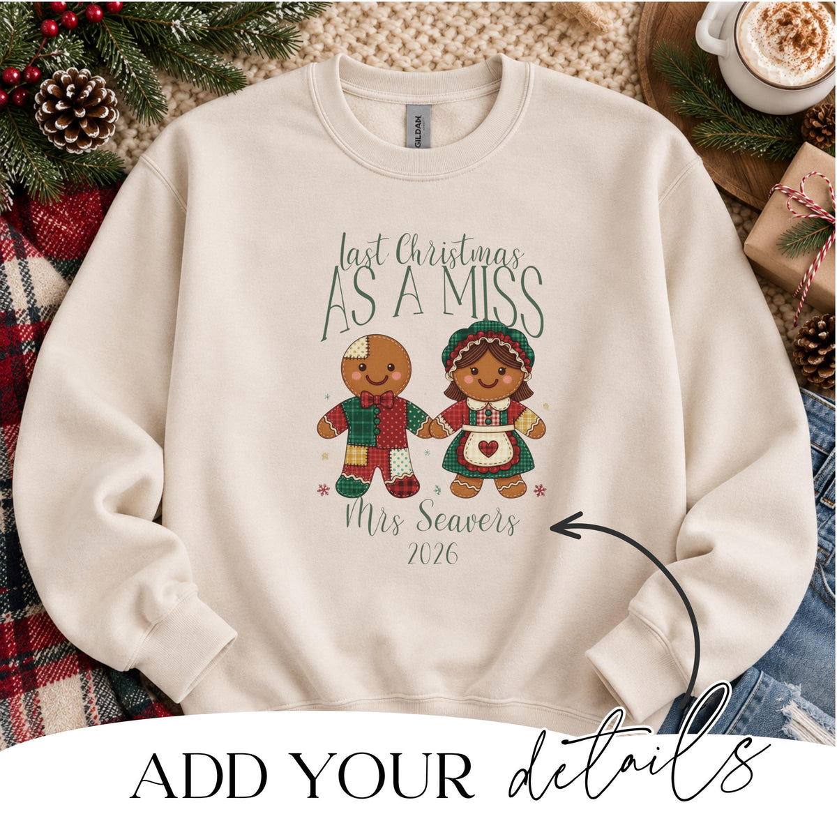 Bride to be wearing personalised Last Christmas As A Miss gingerbread jumper