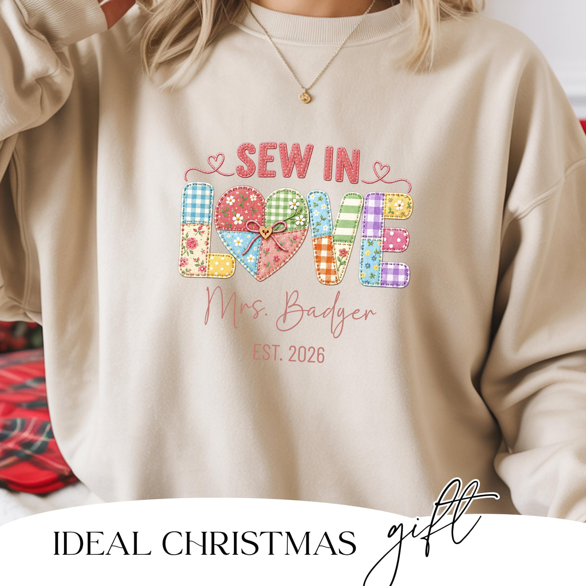 Sew In Love Sweatshirt close up of Mrs surname personalisation