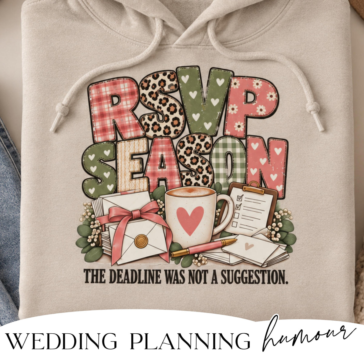 RSVP Season wedding planning hoodie, cozy fit detail