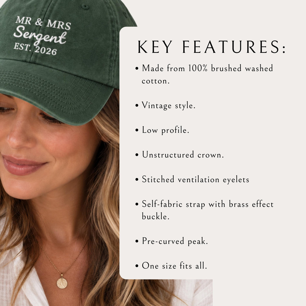 Personalised Mr and Mrs cap colour options including olive, denim and black