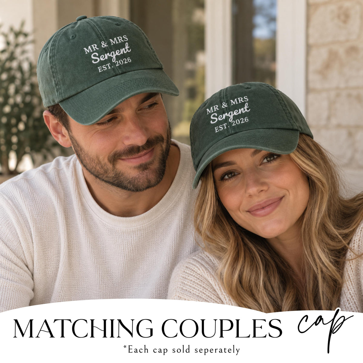 Embroidered Mr and Mrs cap worn as a matching couple honeymoon gift