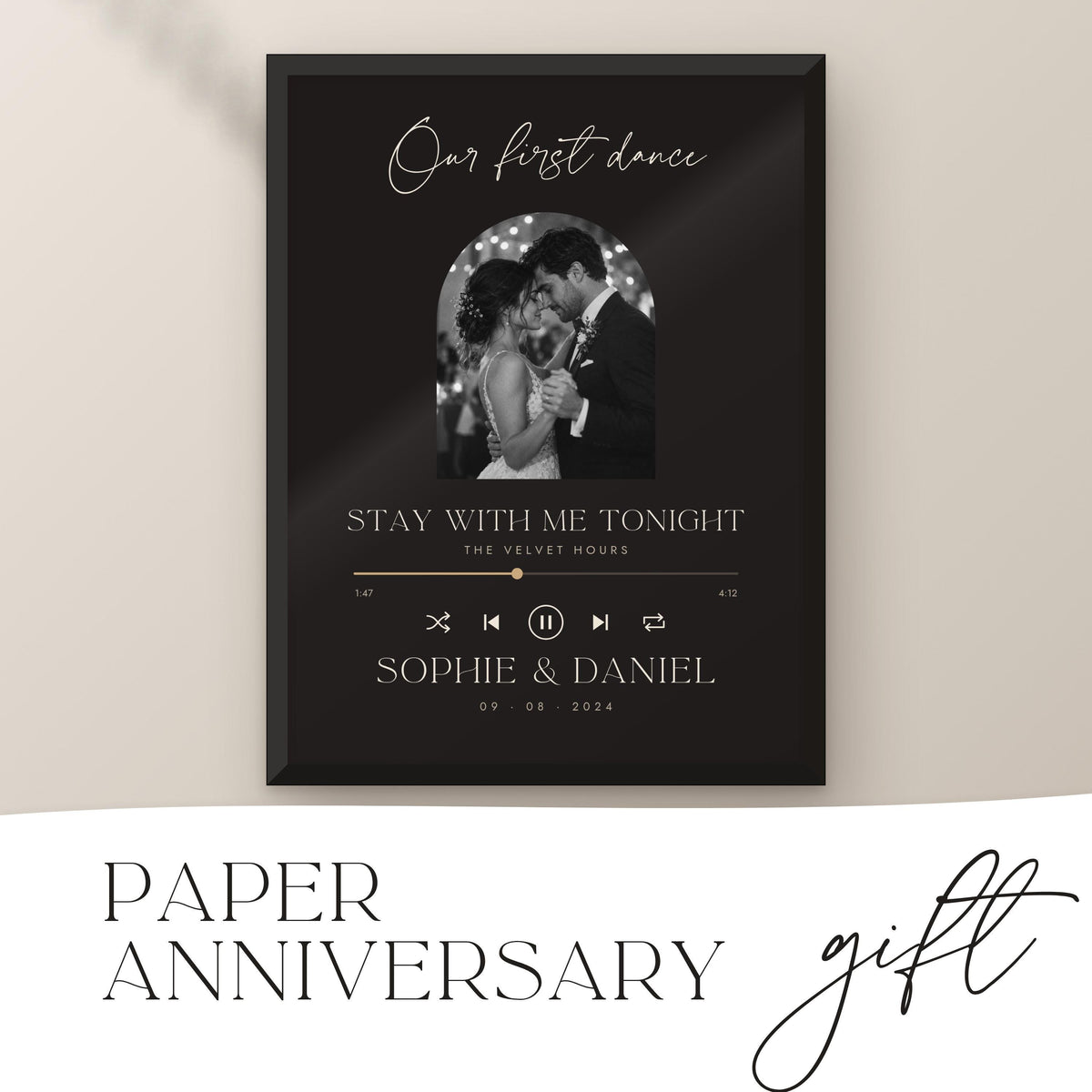 Dark Romance first dance song print in a black frame, paper anniversary gift
