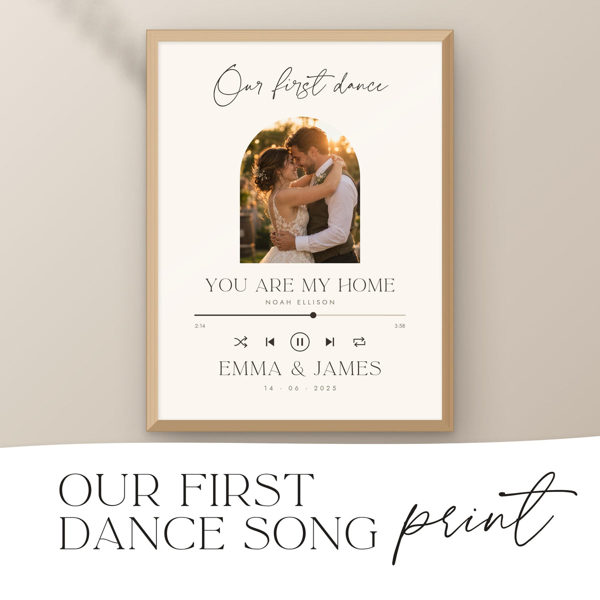 Personalised first dance song print with couple photo in a natural wood frame