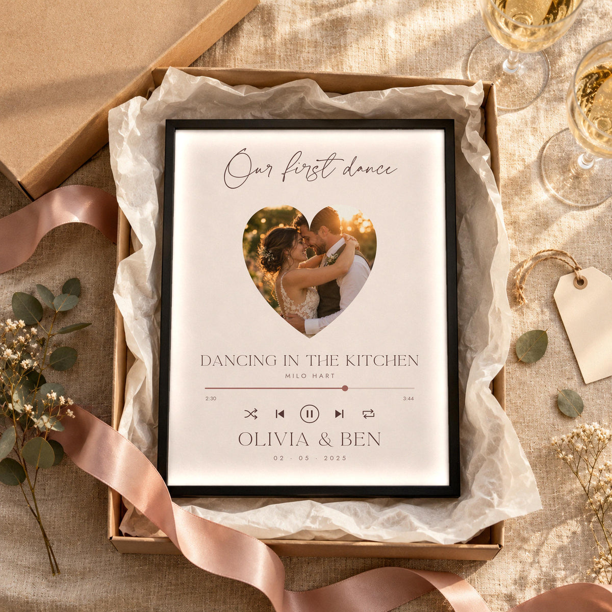 Blush first dance song print with heart photo in a gift box