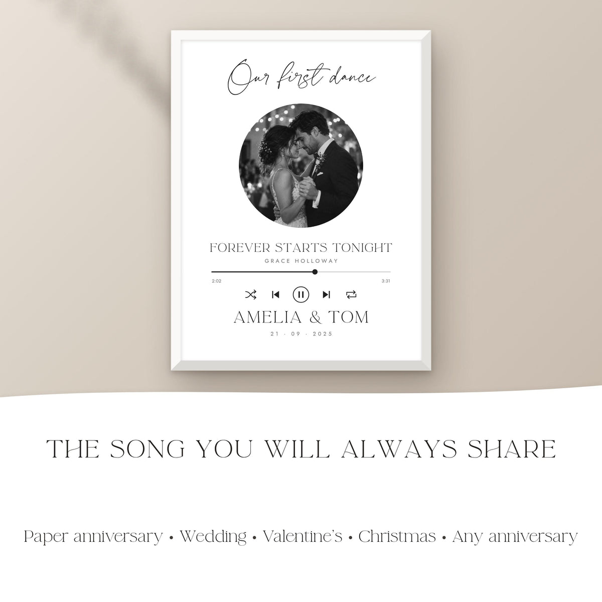 First dance song print as an anniversary, wedding or Christmas gift