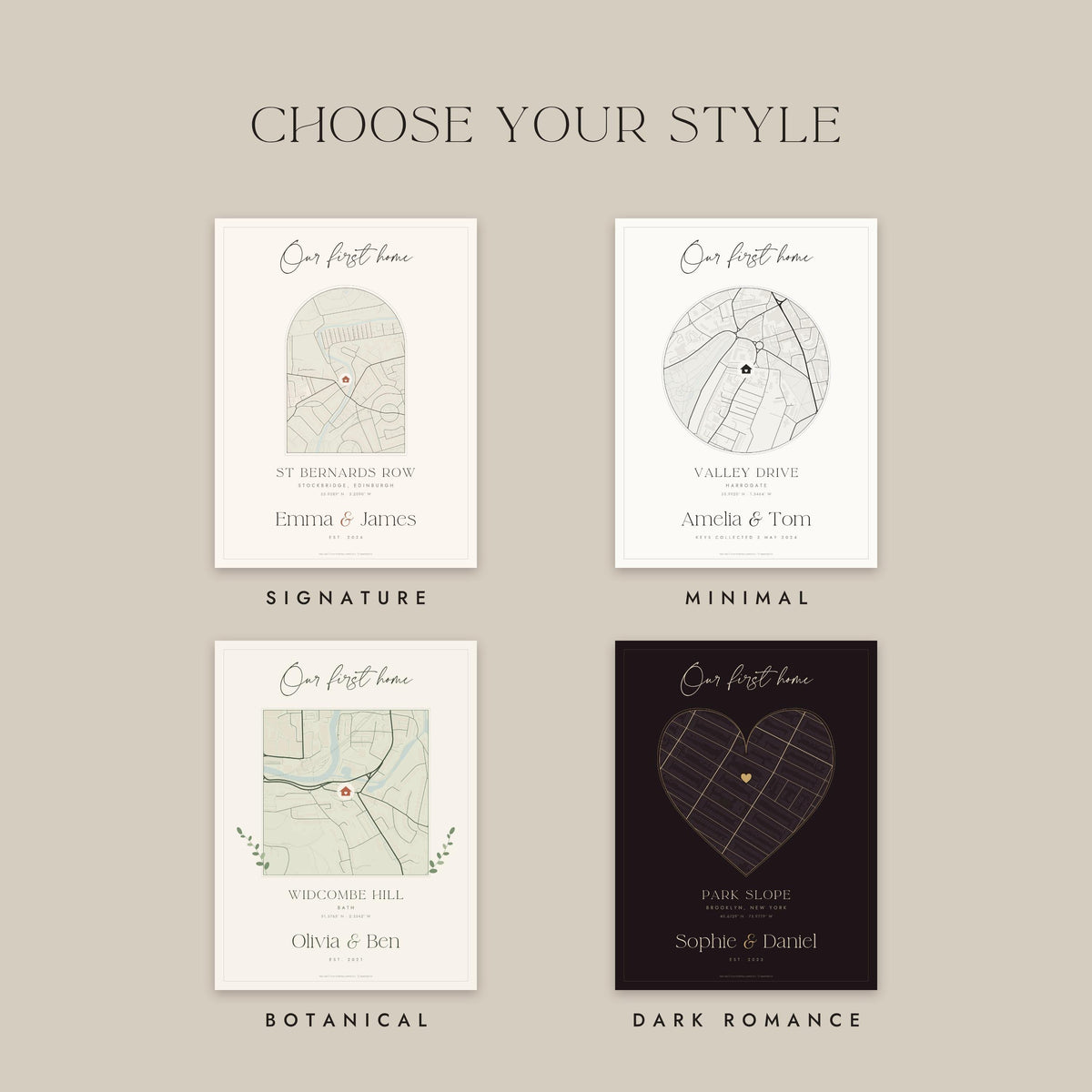 Four styles: Signature, Minimal, Botanical and Dark Romance