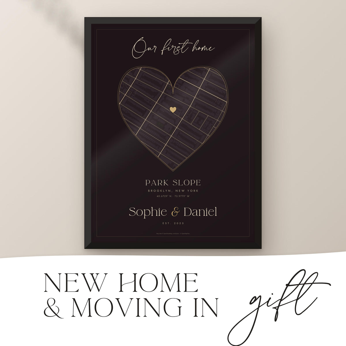 Dark Romance first home map print with heart-shaped map in a black frame