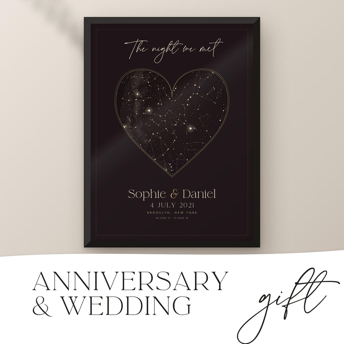 Dark Romance heart star map print in a black frame, anniversary gift