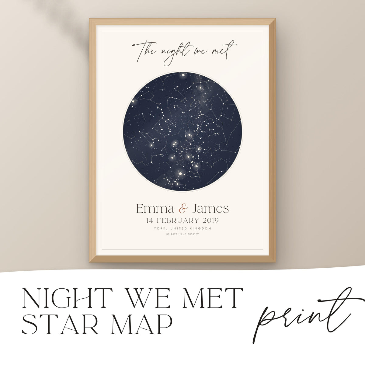 Personalised star map print of the night we met in a natural wood frame