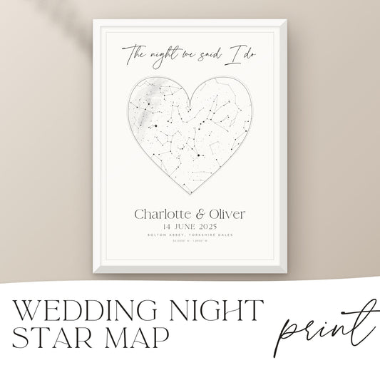 Wedding star map print, the night we said I do, minimal heart in a white frame