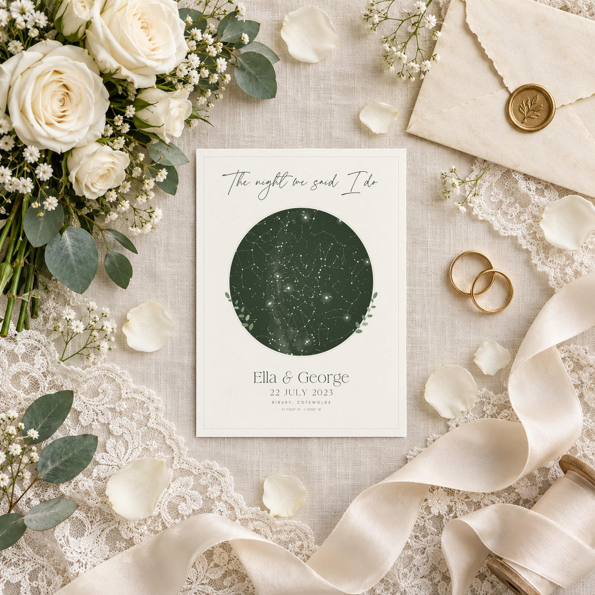 Botanical wedding star map print with wedding rings and roses