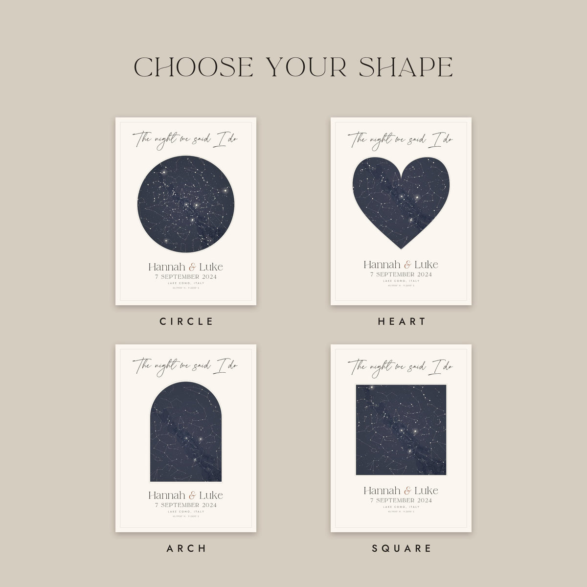 Four shapes: circle, heart, arch and square