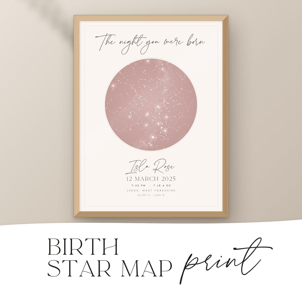 Personalised birth star map print showing the night sky the night a baby was born