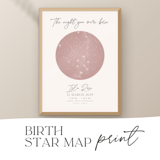 Personalised birth star map print showing the night sky the night a baby was born