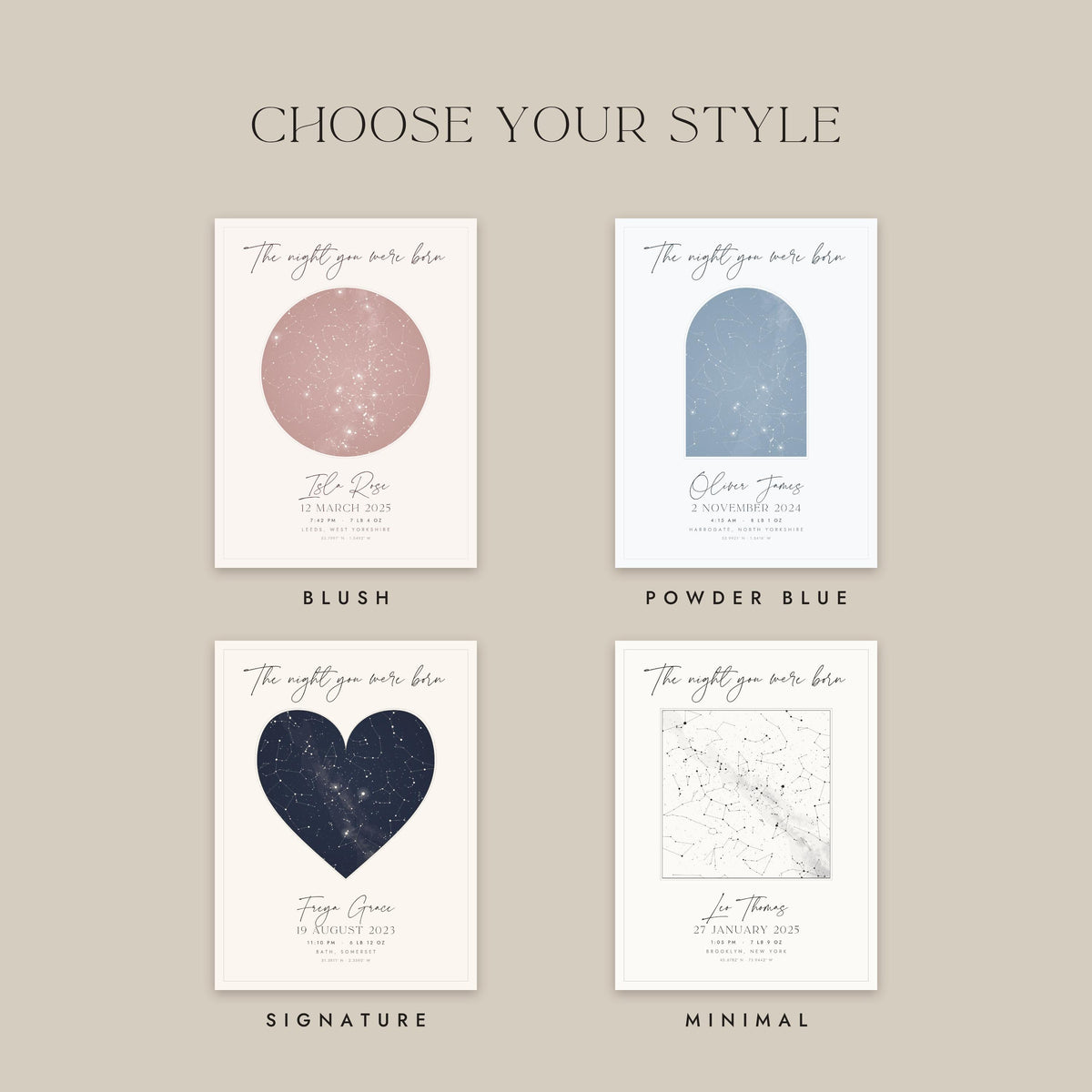 The four styles: Blush, Powder Blue, Signature and Minimal