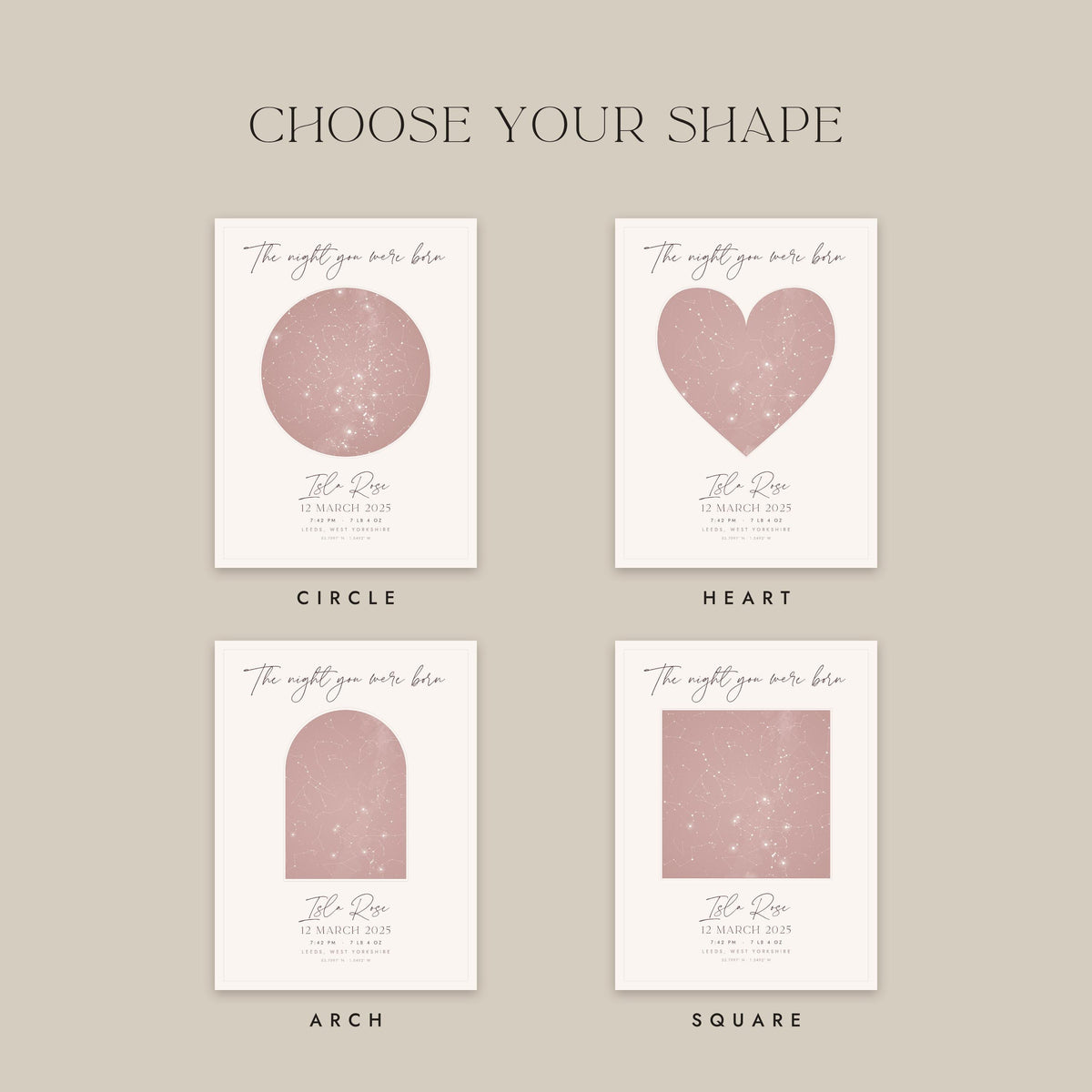 The four shapes: circle, heart, arch and square
