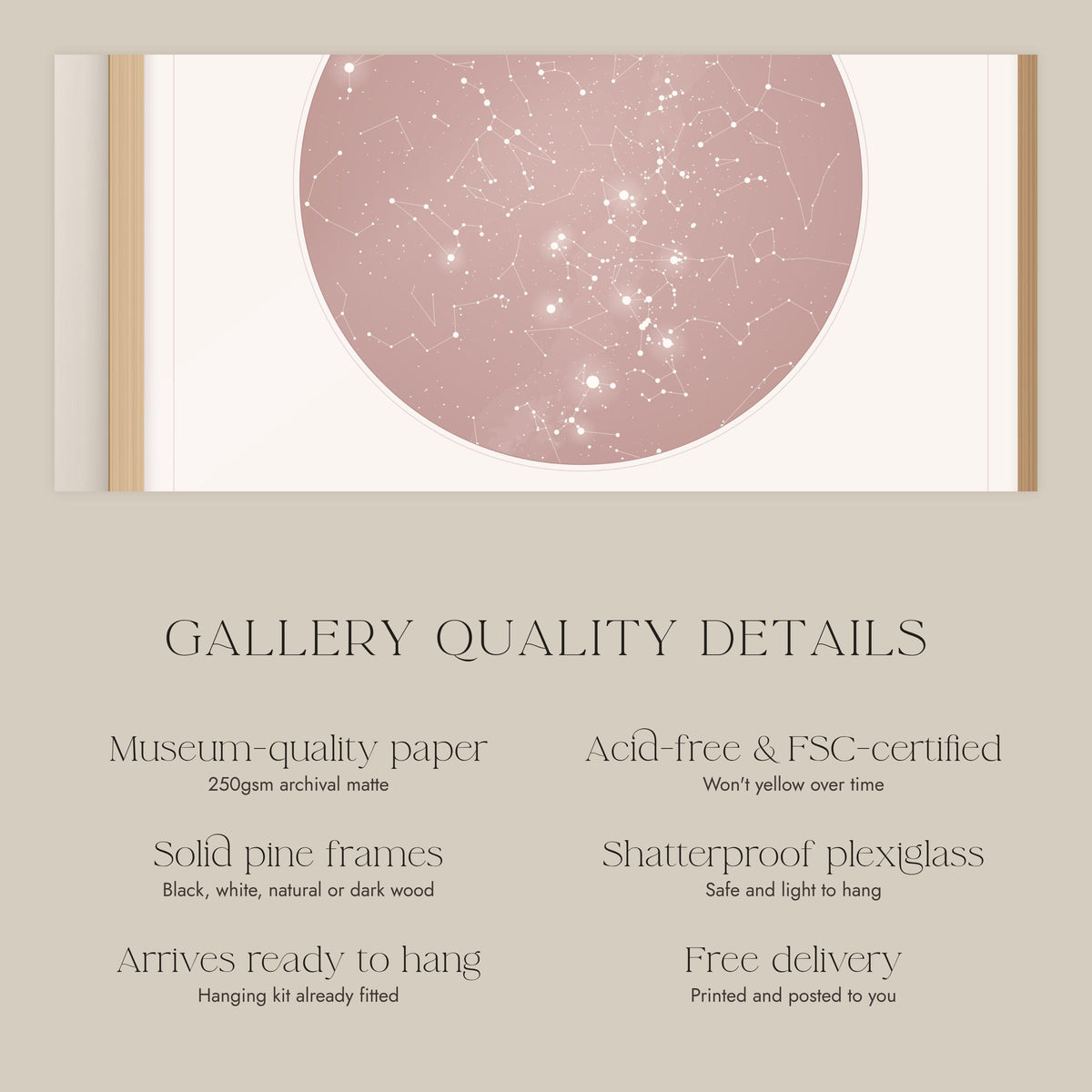 Museum-quality archival paper and solid pine frame