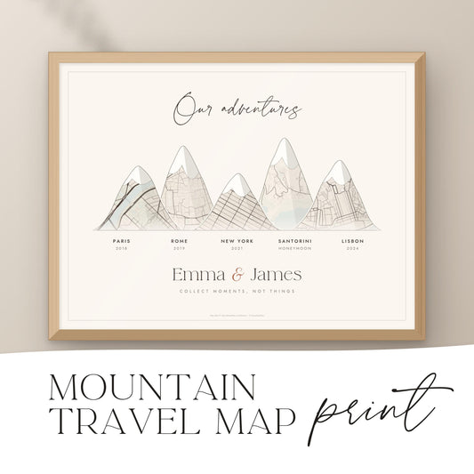 Personalised mountain travel map print with a street map of each place forming a mountain range