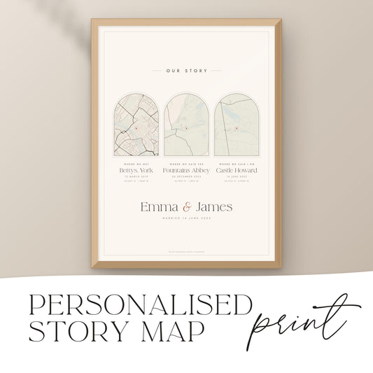 Personalised Our Story map print in a natural wood frame, three arched maps with names