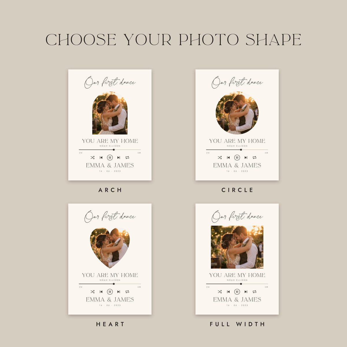 Four photo shapes: arch, circle, heart and full width
