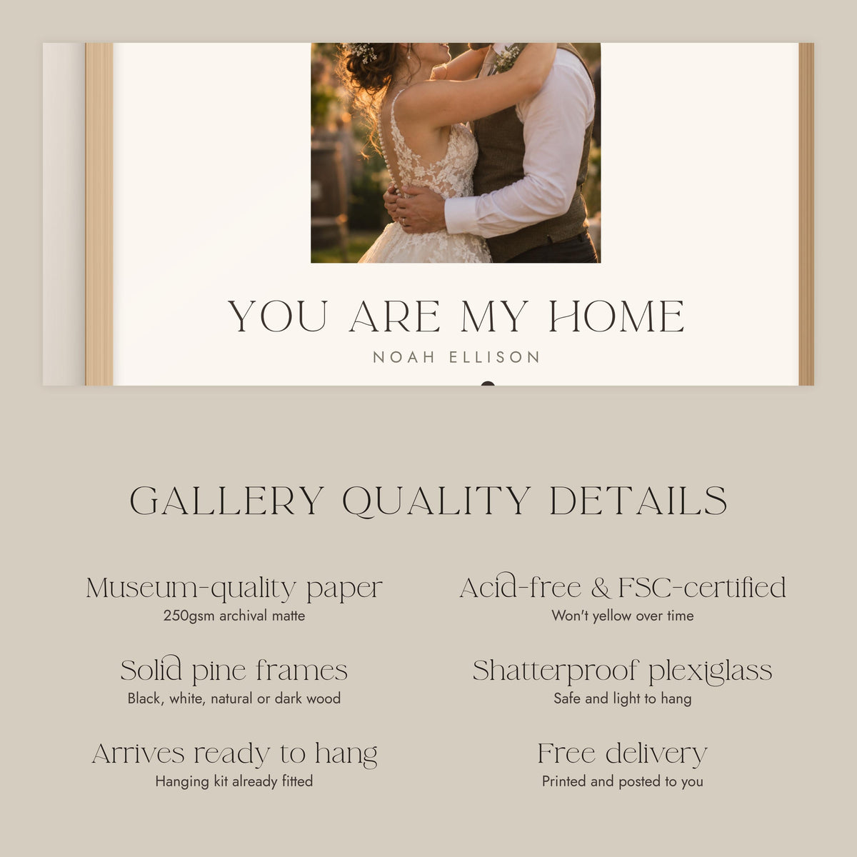 Museum-quality paper and solid pine frame details