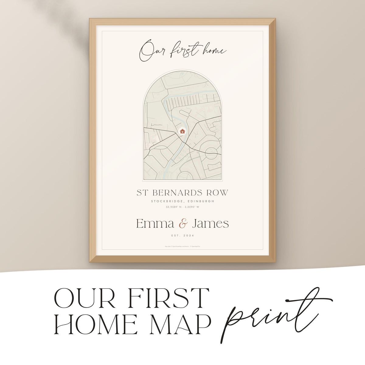 Personalised first home map print with house marker in a natural wood frame