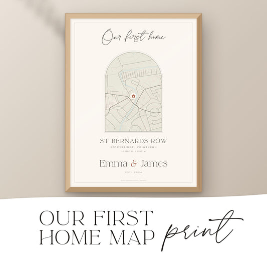 Personalised first home map print with house marker in a natural wood frame