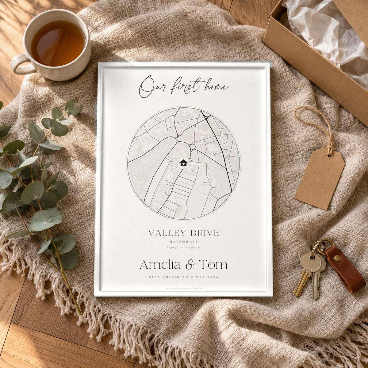 First home map print in a gift box, housewarming gift