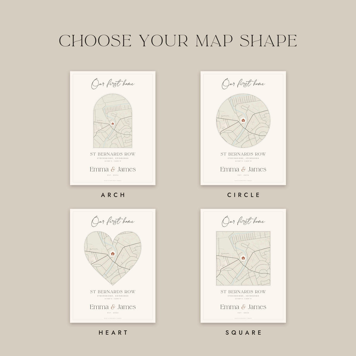 Four map shapes: arch, circle, heart and square