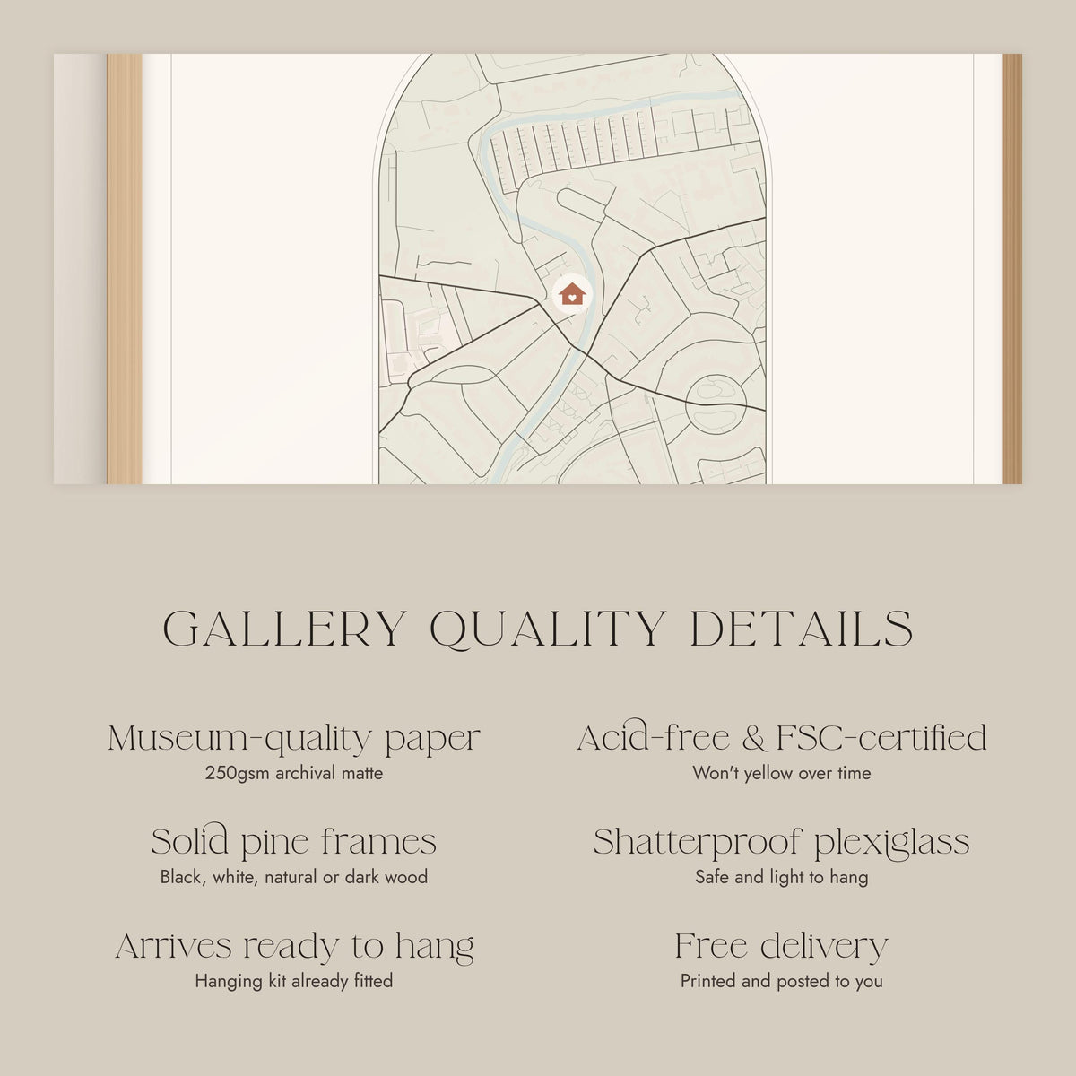 Museum-quality paper and solid pine frame details