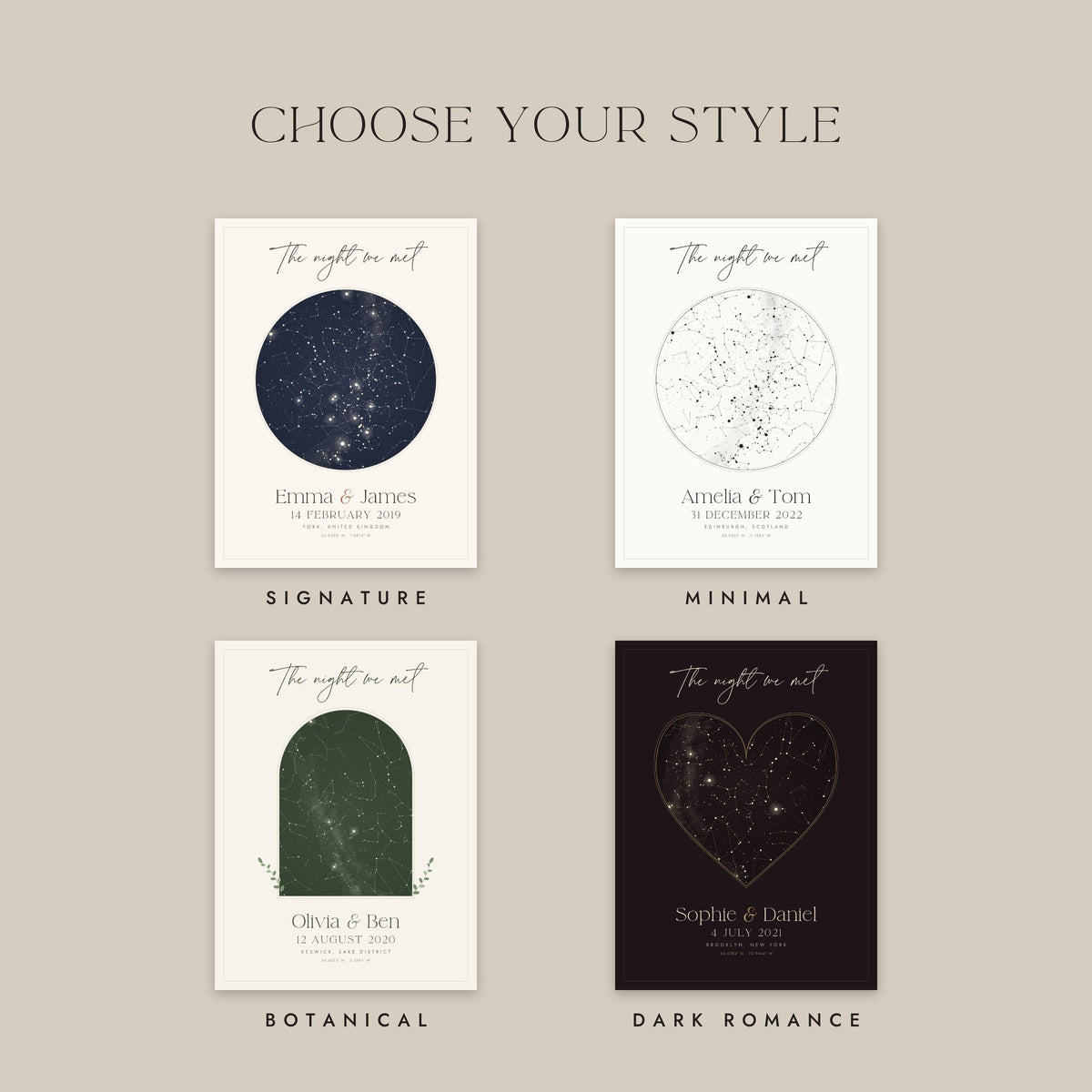 Four styles: Signature, Minimal, Botanical and Dark Romance